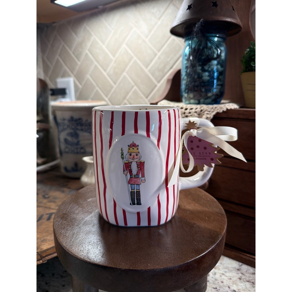 Rae Dunn Nutcracker Christmas Mug Red White Striped Ceramic Holiday Cup